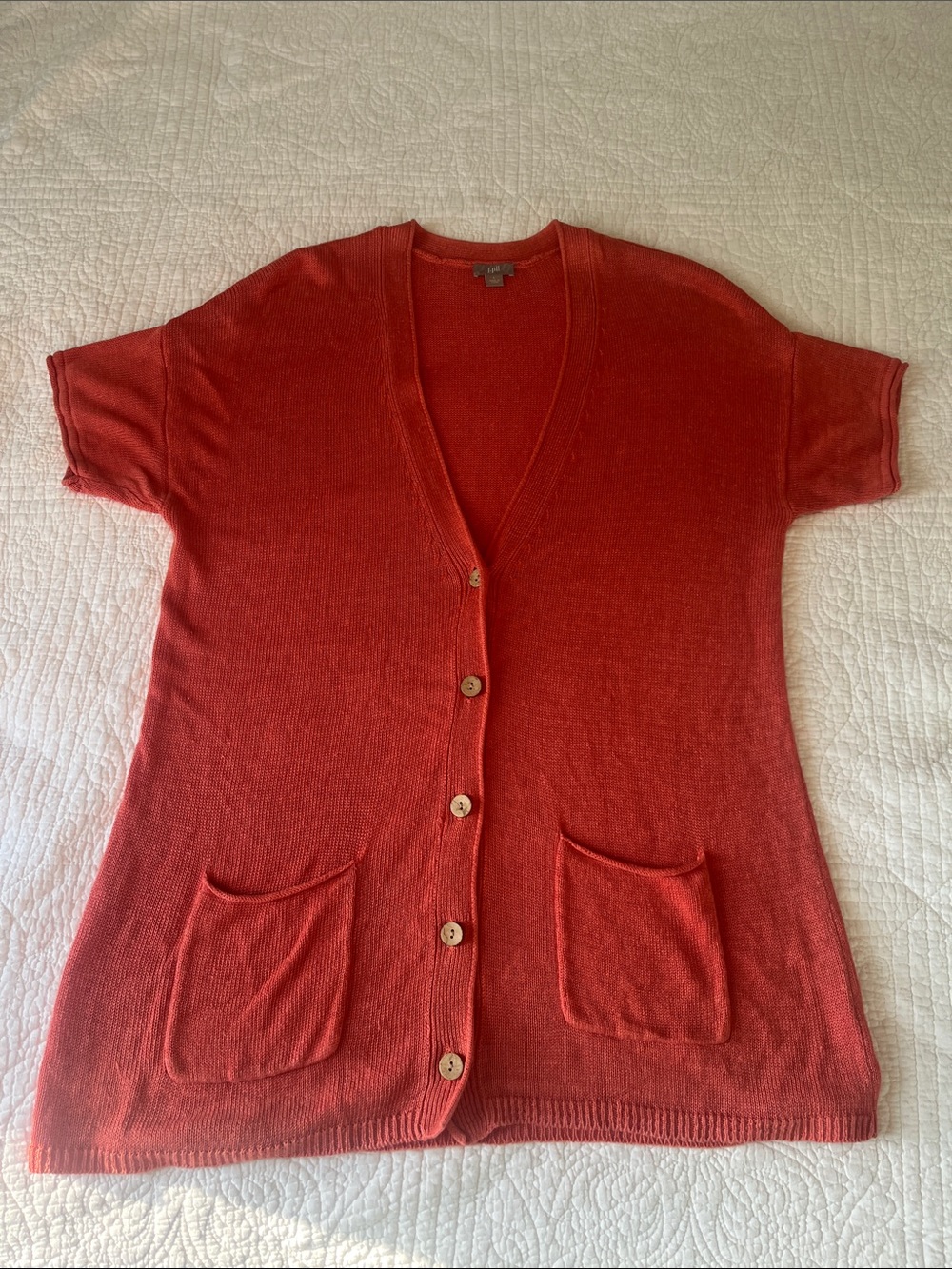 J. Jill Coral Red Short-Sleeve Buttoned Linen Cardigan with Pockets